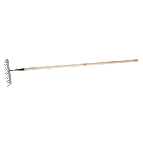 Grabli-ZUBR-EKSPERT-iz-nerzhaveyushhej-stali-derevyannyj-cherenok-iz-yasenya-12-pryamyh-zubtsov-300h90h1460mm Грабли ЗУБР "ЭКСПЕРТ" из нержавеющей стали, деревянный черенок из ясеня, 12 прямых зубцов, 300х90х1460мм — изображение 1