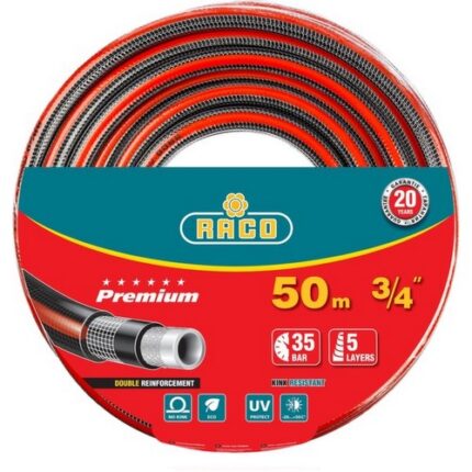 RACO PREMIUM 3/4", 50 м, 35 атм, пятислойный поливочный шланг, усиленный двумя слоями армирования