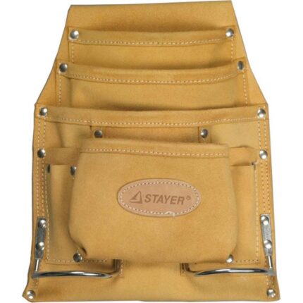 Сумка поясная STAYER PROFESSIONAL для инструментов, кожаная, 10 карманов, 2 скобы